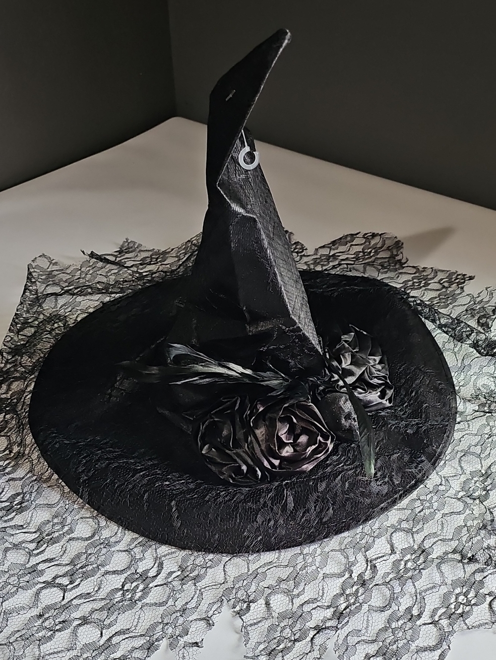 Black Witch Hat with Floral Trim - Women Accessories Costume Halloween